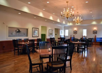 Indoor Dining With Chandeliers Lit Up